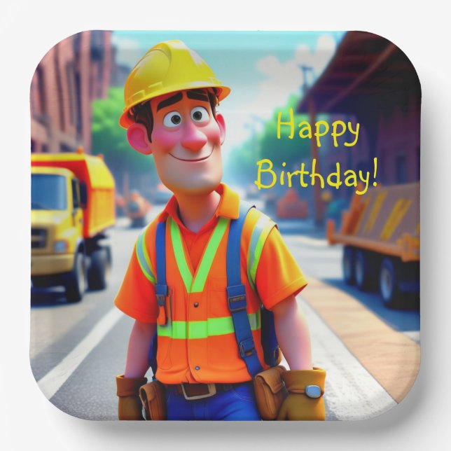Construction Worker Birthday Paper Plate (Front)