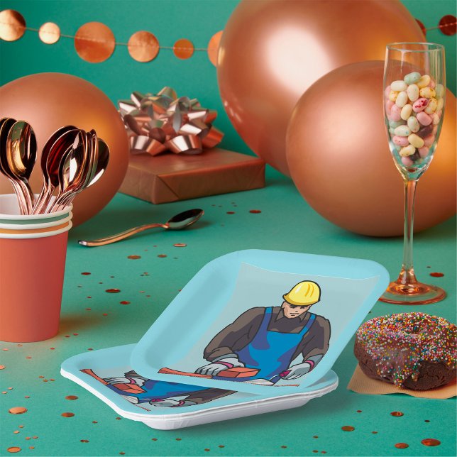 Construction Worker Bricklayer Hard Hat Builder  Paper Plate (Creator Uploaded)