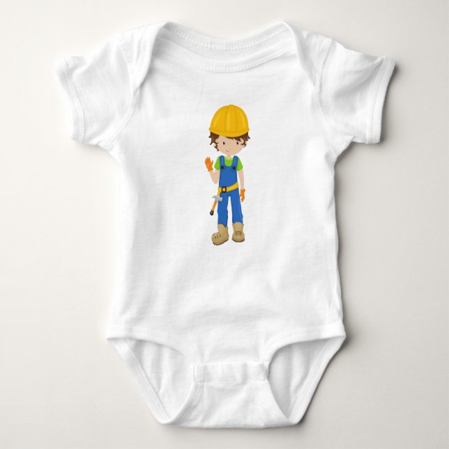 Construction Worker, Brown Hair, Cute Boy, Hammer Baby Bodysuit (Front)
