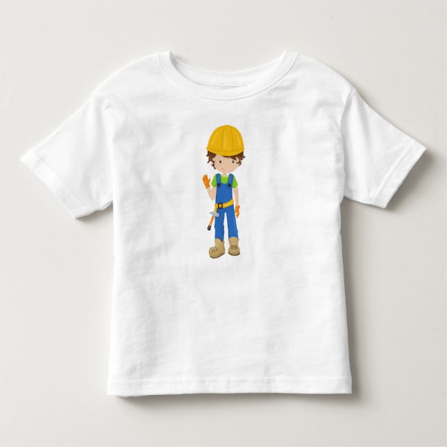 Construction Worker, Brown Hair, Cute Boy, Hammer Toddler T-Shirt (Front)