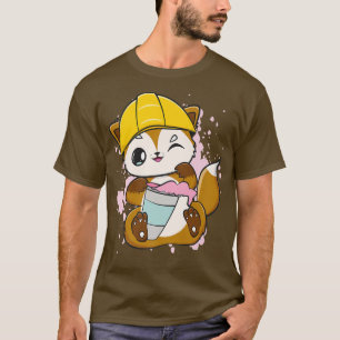 Construction Worker Fox Drinks Bubble Tea For Boba T-Shirt