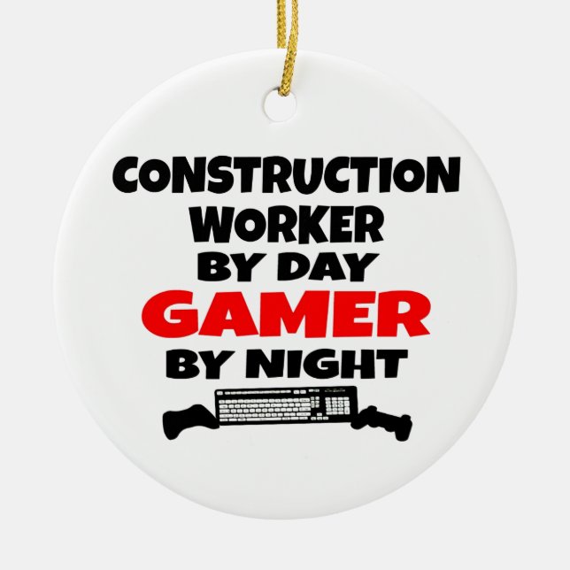 Construction Worker Gamer Ceramic Tree Decoration (Front)