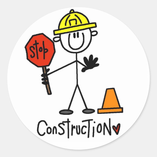 Construction Worker Stick Figure Classic Round Sticker (Front)