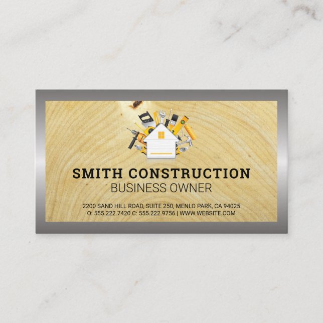 Construction Worker | Wood Grain Background Business Card (Front)