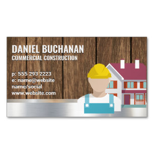 Construction Worker   Wood Metallic Background Magnetic Business Card