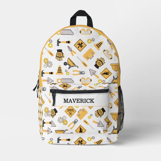 Construction Yellow And Black Boys  Printed Backpack (Front)