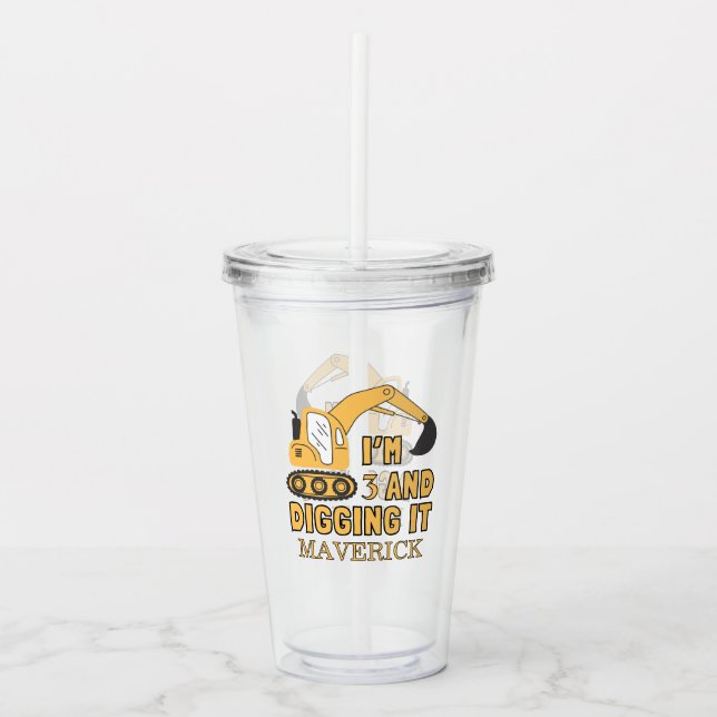 Construction Yellow Boys Dump Truck Birthday Acrylic Tumbler (Front)