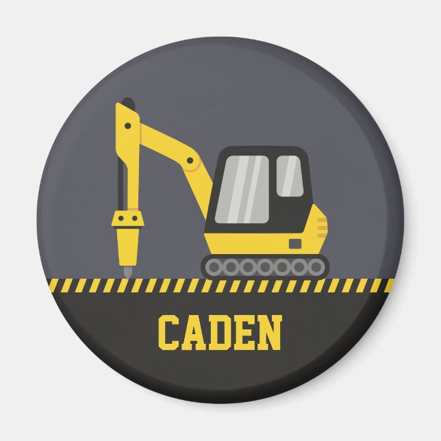 Construction Yellow Excavator Breaker Kids Name Magnet (Front)