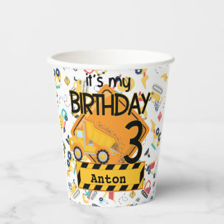 Construction yellow trucks car 3rd birthday  paper cups