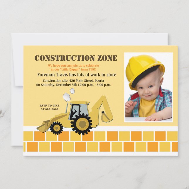 Construction Zone Backhoe Boys Birthday Invite (Front)