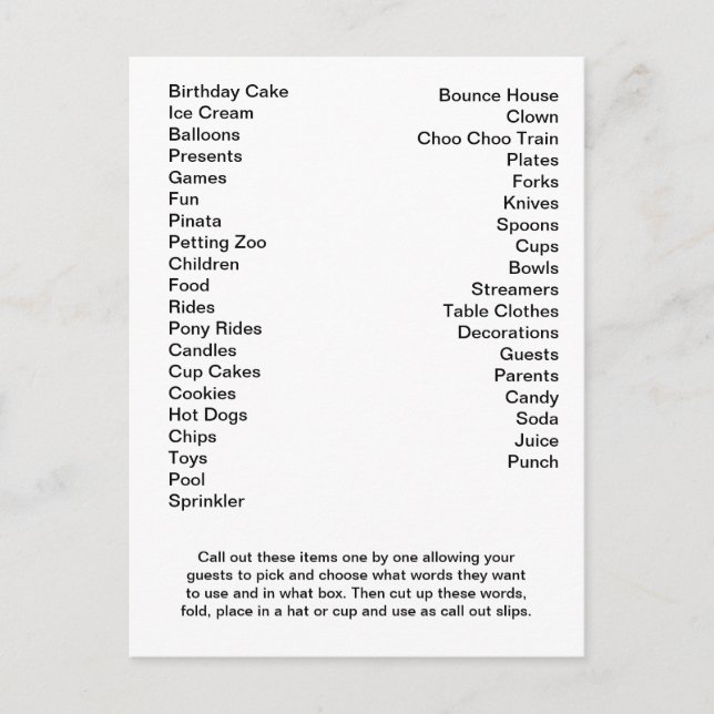 Construction Zone Shower Bingo Card Call Out Words (Front)