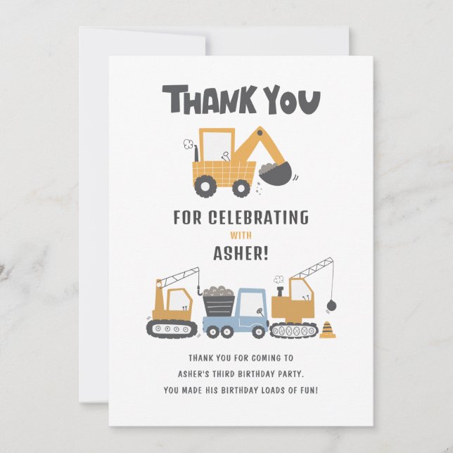 Constrution Theme Birthday Party Thank You Card (Front)