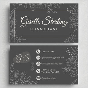Consultant Moody Charcoal Grey Floral Script Business Card
