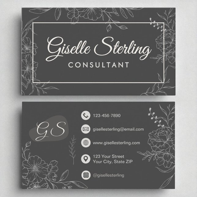 Consultant Moody Charcoal Grey Floral Script Business Card (Creator Uploaded)