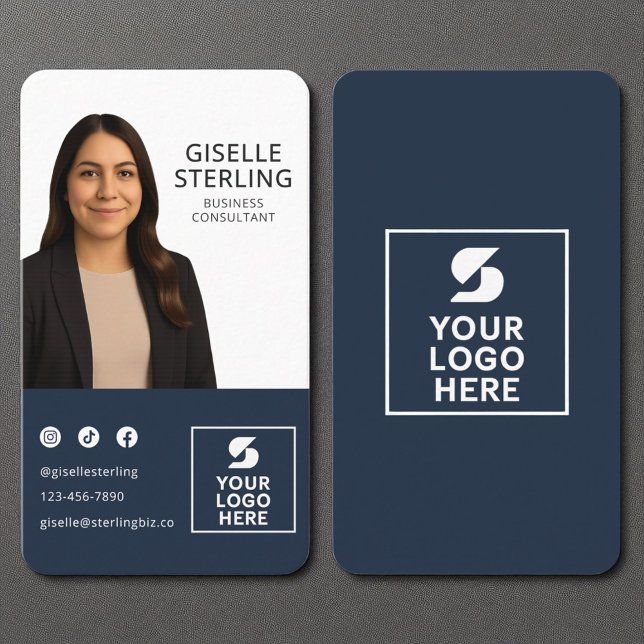 Consultant Navy Blue Photo Logo Portrait  Business Card (Creator Uploaded)