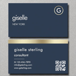 Consultant Navy Blue QR Code Gold Monogram  Business Card