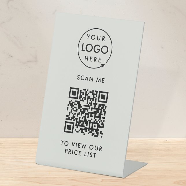 Contactless Price List | Grey Business Logo QR Pedestal Sign (Price signage for stores, salons, cafes, trade stalls, pop up shops, reception desks & more!)