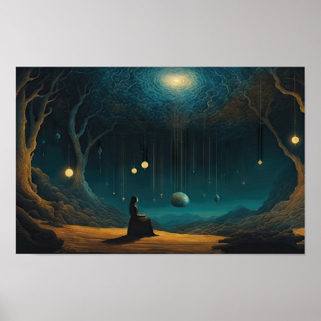 Contemplating a surreal galaxy of puppet planets poster (Front)