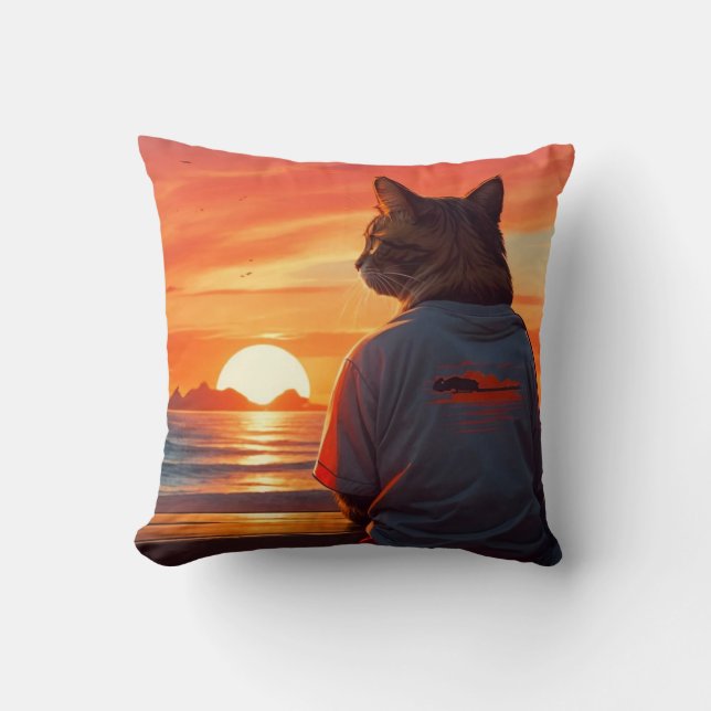 “Contemplative Cat at Sunset: Whimsical Beach Art" Cushion (Front)