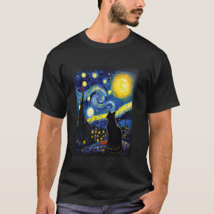 Contemplative Cat Silhouette Van Gogh Art Style Gr T-Shirt