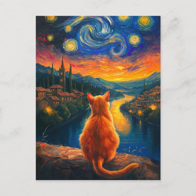 Contemplative Ginger Cat | Starry Night Sky Art Postcard (Front)