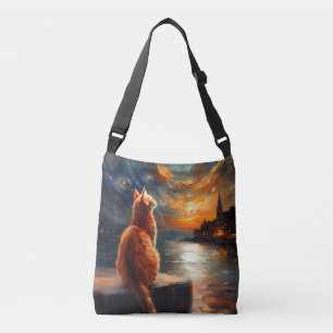 Contemplative Ginger Cat Starry Night Sky Crossbody Bag