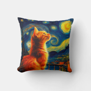 Contemplative Ginger Cat Starry Night Sky Cushion