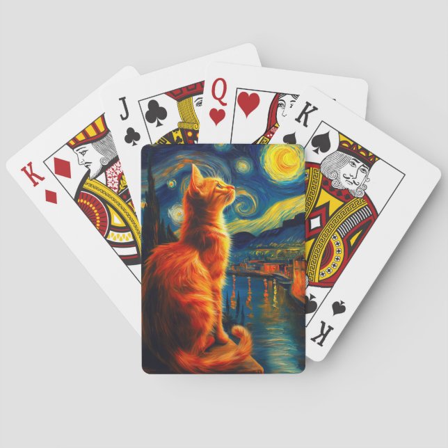 Contemplative Ginger Cat | Starry Night Sky Playing Cards (Back)