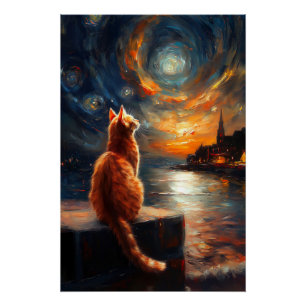Contemplative Ginger Cat   Starry Night Sky Poster