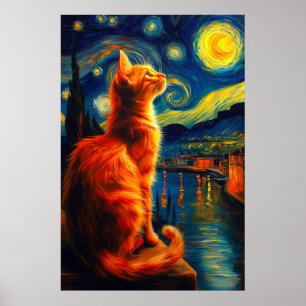 Contemplative Ginger Cat   Starry Night Sky Poster