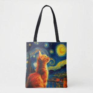 Contemplative Ginger Cat Starry Night Sky Tote Bag