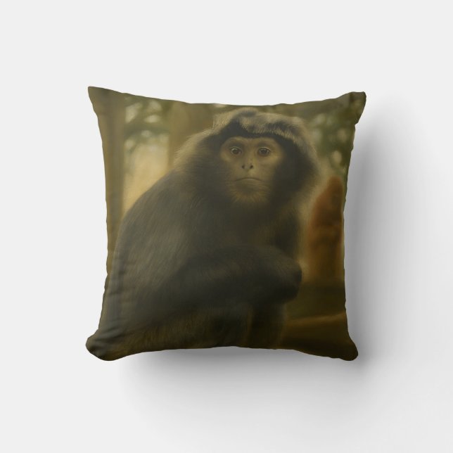 Contemplative Monkey – Serene Wildlife Art Cushion (Front)