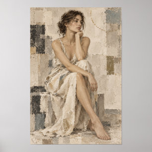 Contemplative Woman in White Dress Neutral Abstrac Poster