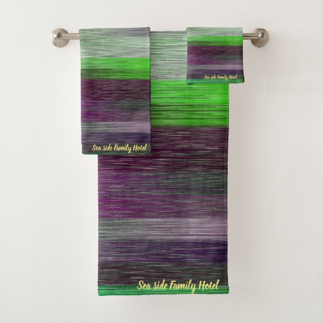 Contemporary abstract in green purple grey bath towel set (Insitu)