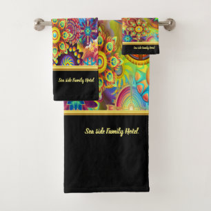 Contemporary abstract in multi colour gold foil bath towel set