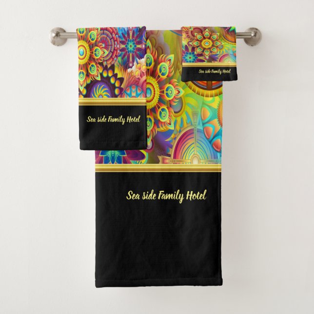 Contemporary abstract in multi colour gold foil bath towel set (Insitu)