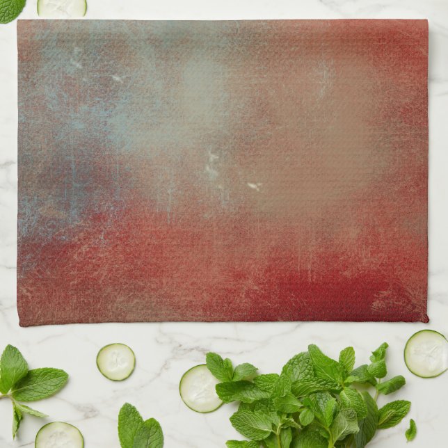 Contemporary Abstract Red Gold Blue Painted Tea Towel (Folded)