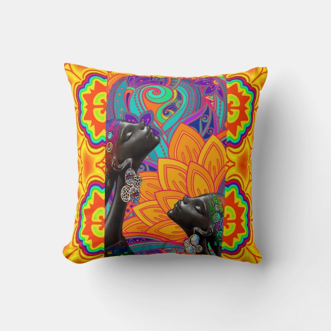 Contemporary Afrocentric Folk Art Throw Pillow (Front)