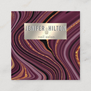 Contemporary agate geode burgundy gold nail salon square business card