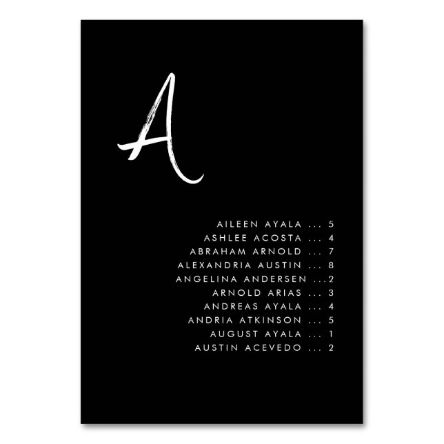 Contemporary Alphabetical Black Seating Chart Card (Front)