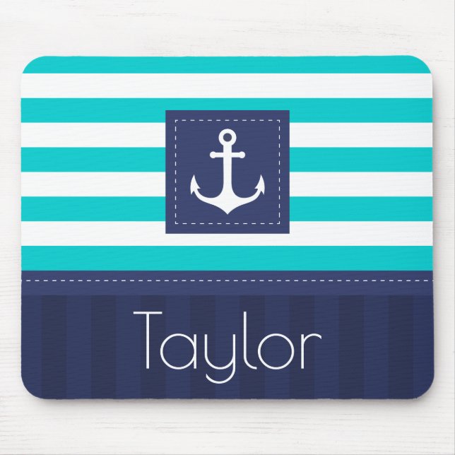 Contemporary Aqua Navy Blue Anchor Personalised Mouse Pad (Front)