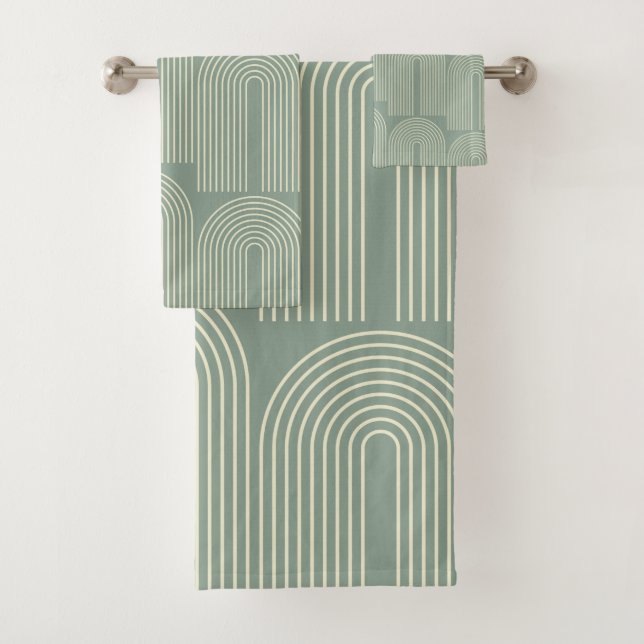 Contemporary Arch Line Art in Sage Green  Bath Towel Set (Insitu)