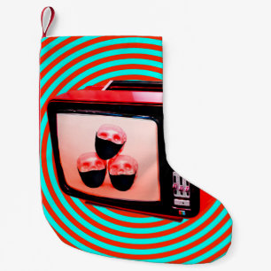 Contemporary art collage. Tv news Corona virus con Small Christmas Stocking