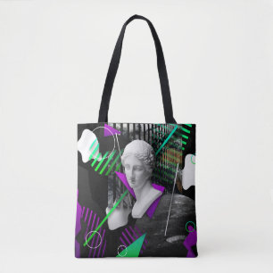 Contemporary art collage with plaster head statue tote bag