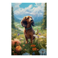 Contemporary Art Dachshund With Blooming Flowers