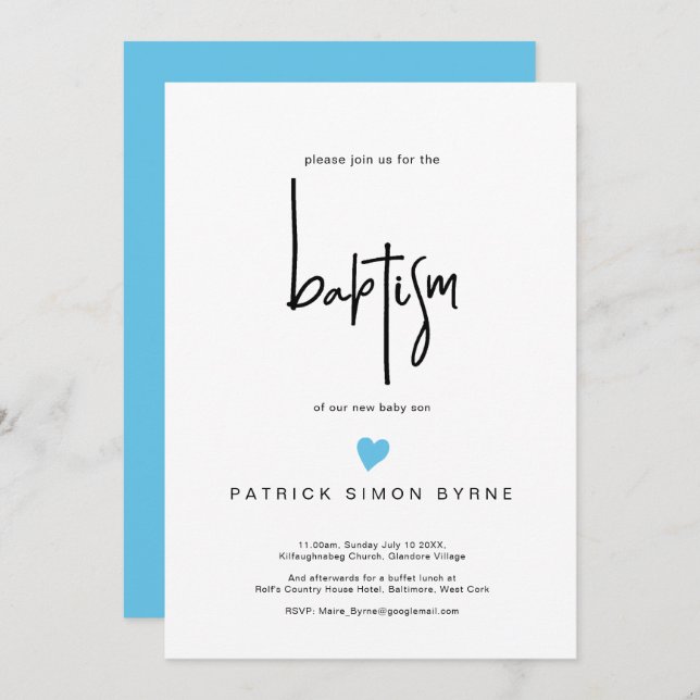 Contemporary Baptism Tiny Blue Heart Baby Boy Invitation (Front/Back)