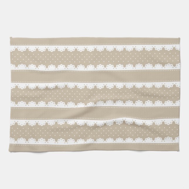 Contemporary Beige White Lace Stripes Pattern Tea Towel (Horizontal)