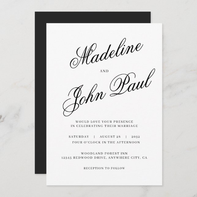 Contemporary Black and White Calligraphy Wedding Invitation (Front/Back)