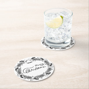 Contemporary Black and White Holiday Entertaining Round Paper Coaster