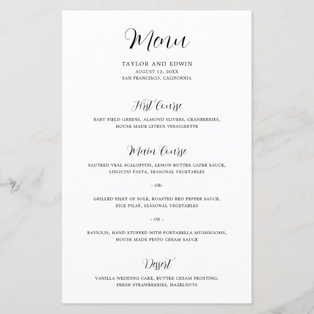 Contemporary Black and White Modern Wedding Menu (Front)